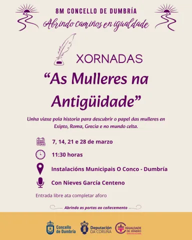 cartel Xornadas As Mulleres na Antigüidade. 8M. Abrindo camiños en igualdade