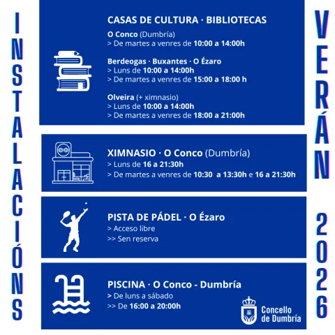 HORARIOS DE VERÁN 2026 NAS INSTALACIÓNS MUNICIPAIS