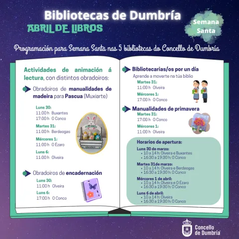 cartel Abril de Libros nas bibliotecas de Dumbría. Semana Santa