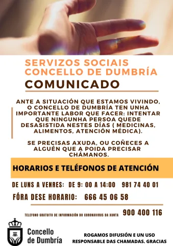 Comunicado de Servizos Sociais. Concello de Dumbría Comunicado de Servizos Sociais. Concello de Dumbría