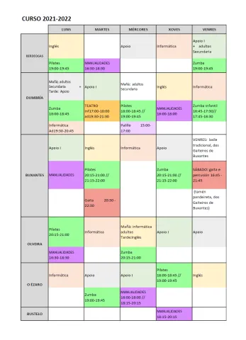 HORARIOS ACTIVIDADES CURSO 2021/2022 HORARIOS ACTIVIDADES CURSO 2021/2022